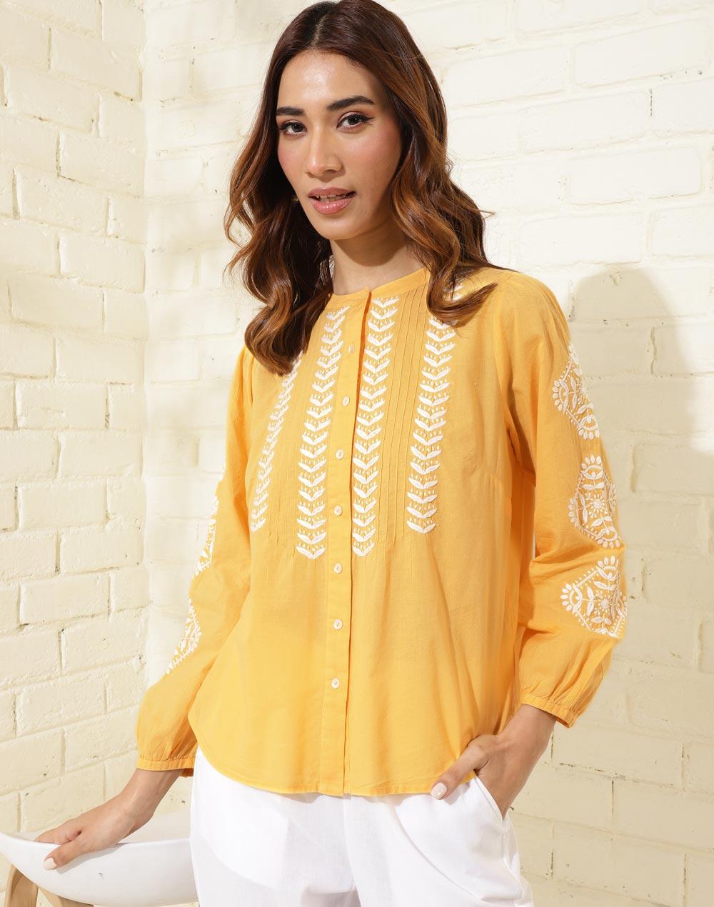 yellow cotton chikankari shirt