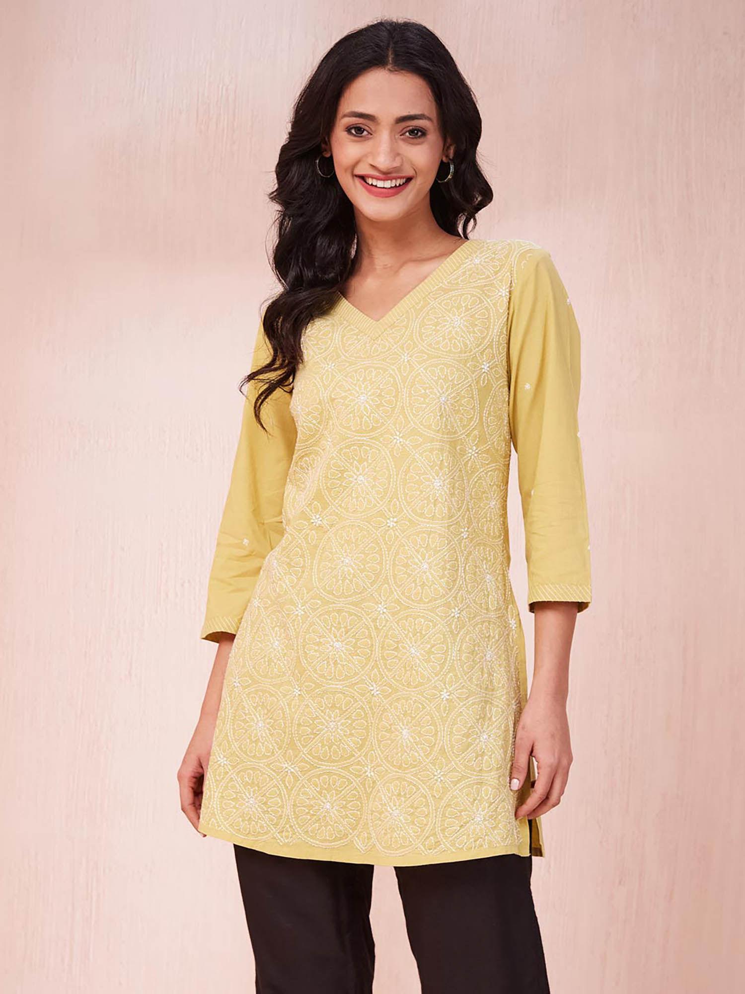 yellow cotton chikankari slim fit short kurta