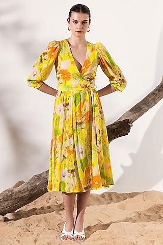 yellow cotton crepe botanical printed wrap midi dress