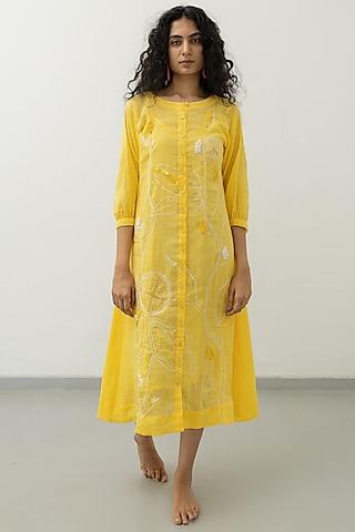 yellow cotton crush embroidered a-line tunic