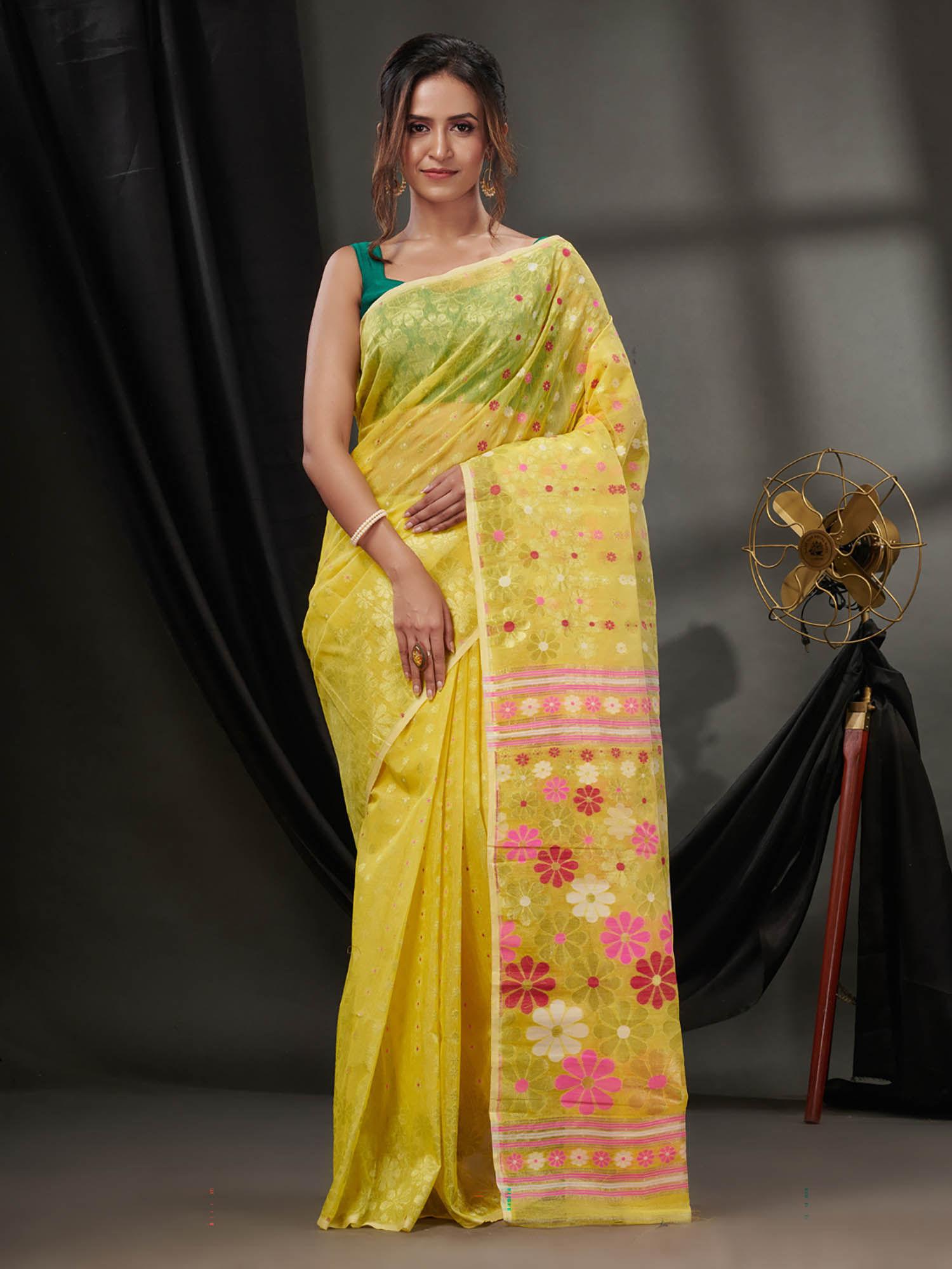 yellow cotton dhakai jamdhani handwoven saree without blouse & floral designs