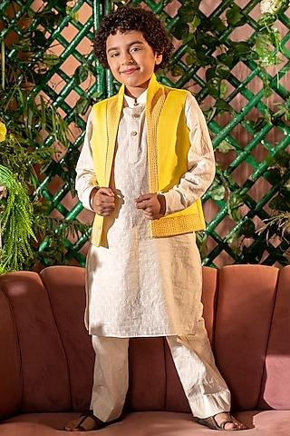 yellow cotton dobby nehru jacket with kurta set for boys