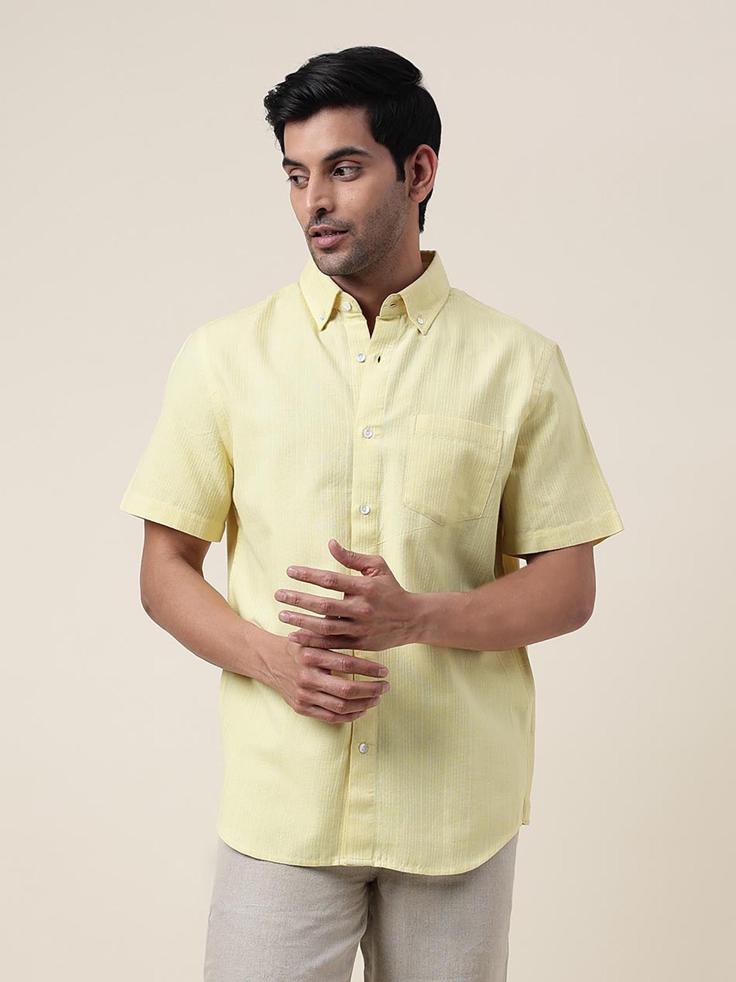 yellow cotton dobby slim fit shirt