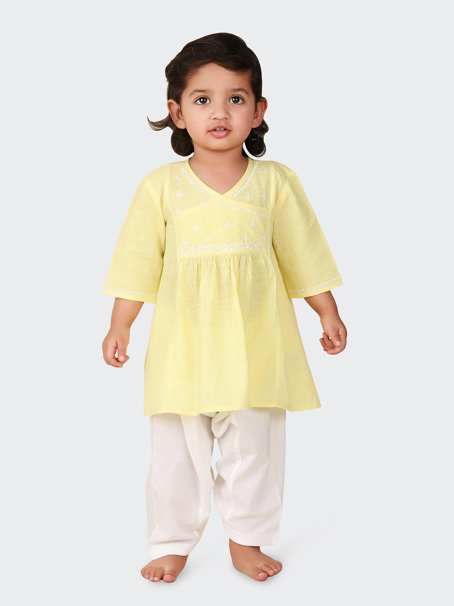 yellow cotton embroidered a-line salwar (set of 2)