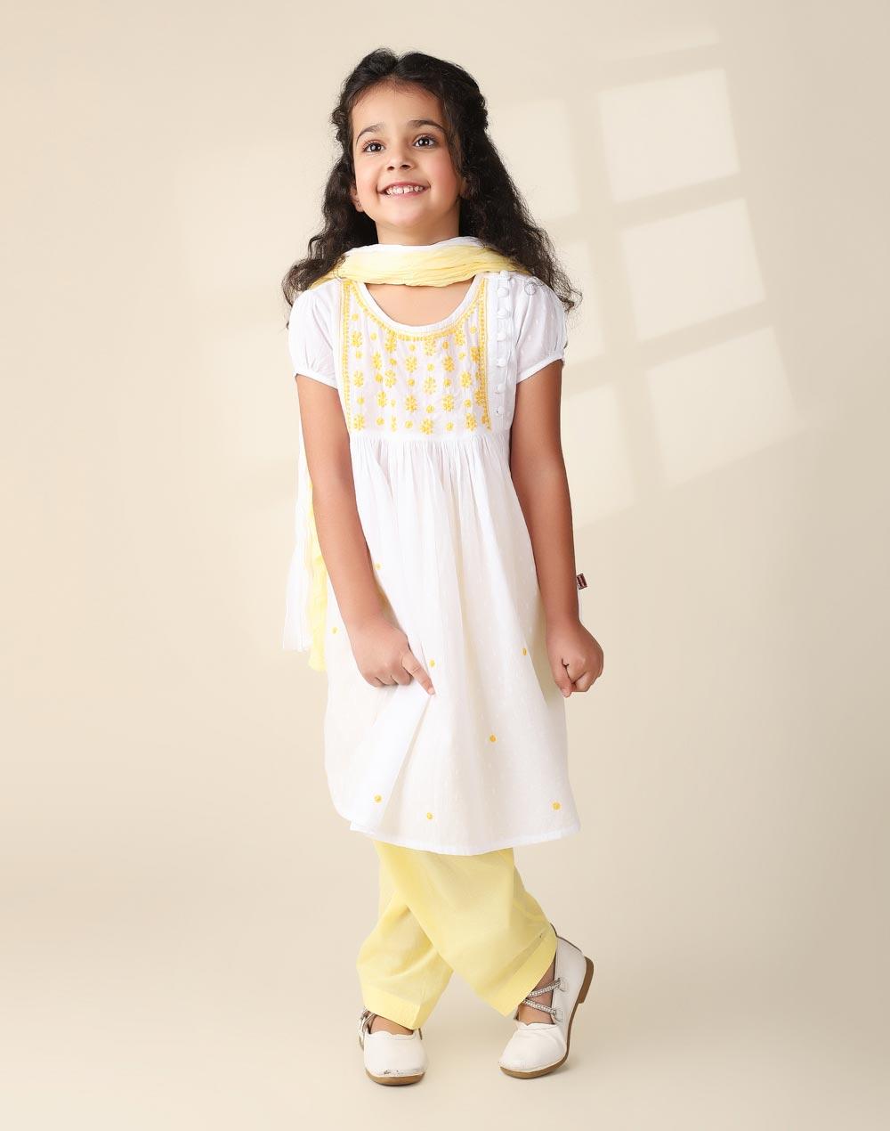 yellow cotton embroidered a-line salwar set