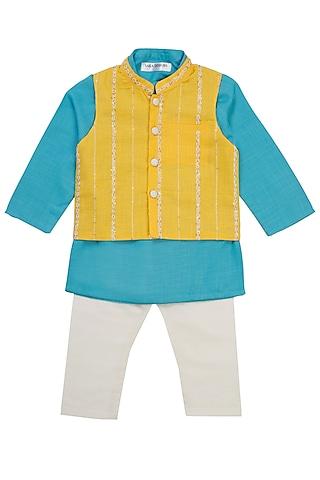 yellow cotton embroidered bundi jacket set for boys