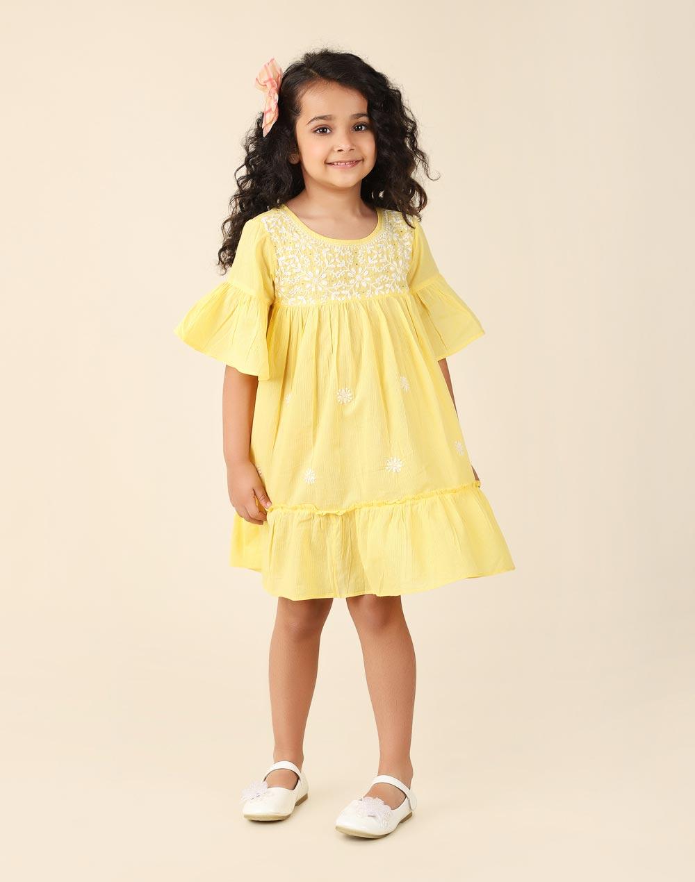 yellow cotton embroidered flared dress