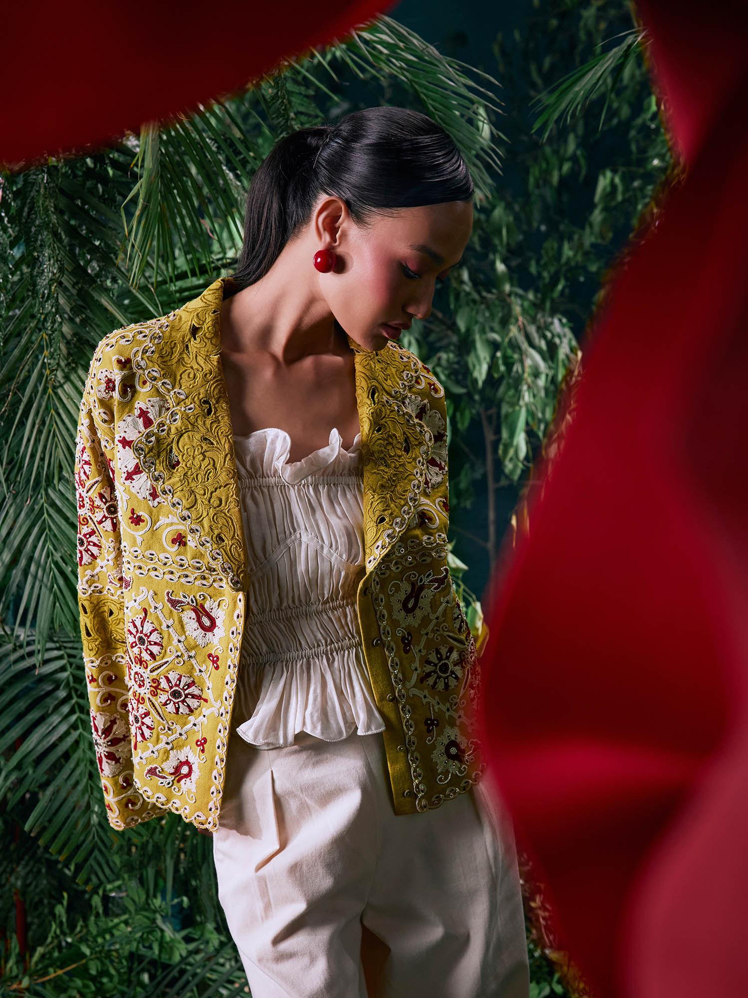 yellow cotton embroidered full sleeves notched lapel bead work jacket