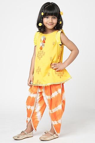 yellow cotton embroidered kurta set for girls
