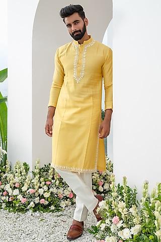 yellow cotton embroidered kurta set