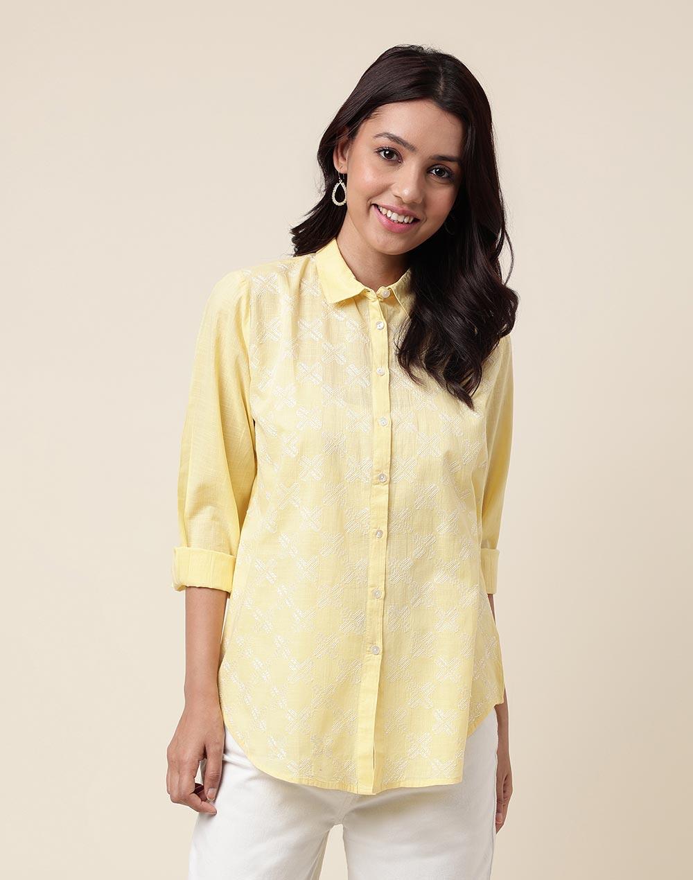 yellow cotton embroidered shirt