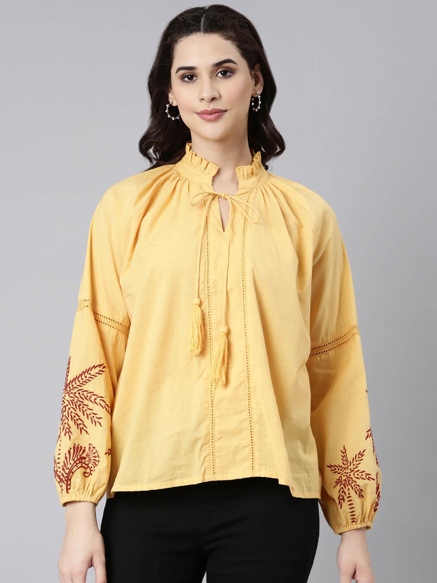 yellow cotton embroidered top