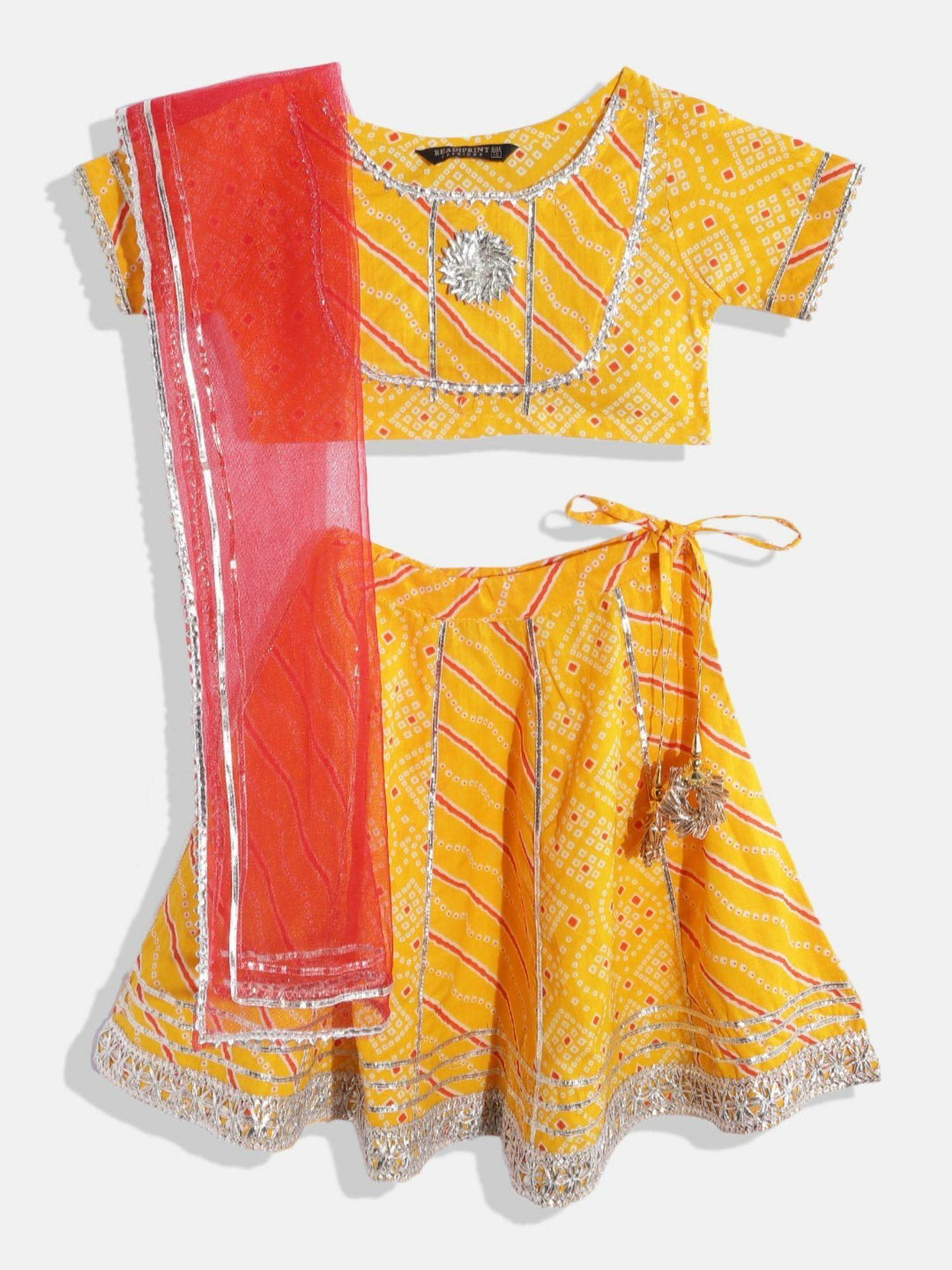 yellow cotton fabric choli with lehenga and dupatta (set of 3)