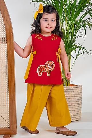 yellow cotton flared culotte pant set for girls