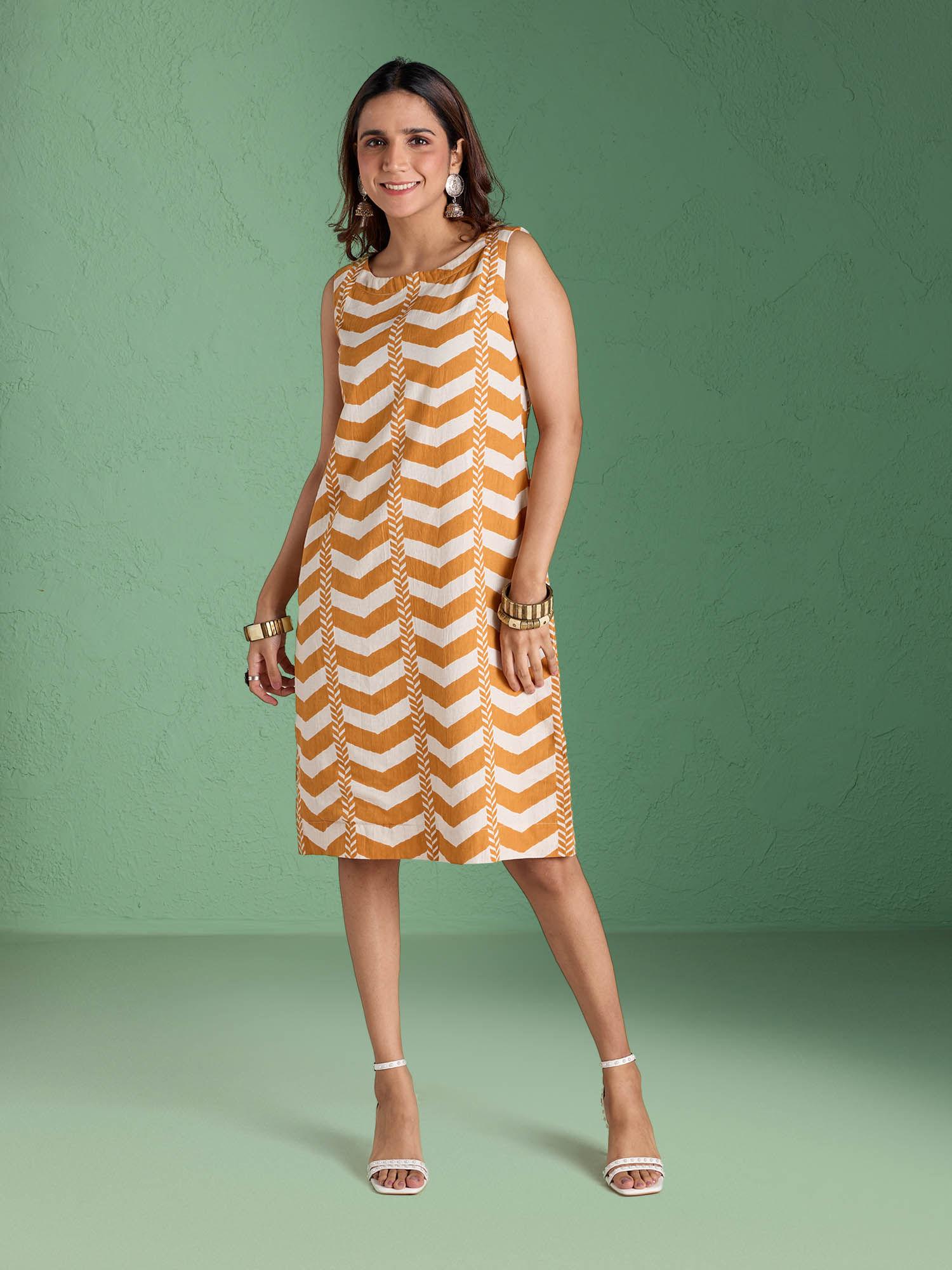 yellow cotton flex printed straight dress likcgdr18 (s)