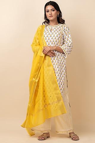 yellow cotton floral block printed & embroidered kurta set