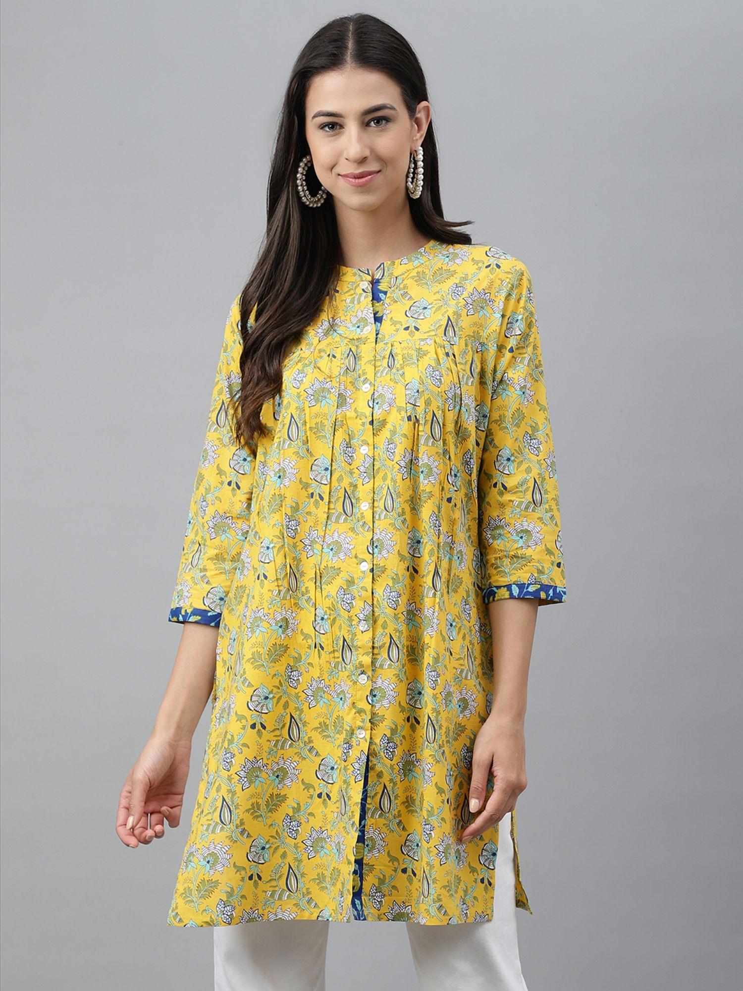 yellow cotton floral print empire tunic