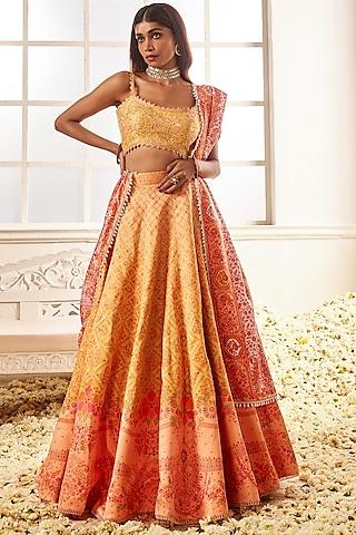 yellow cotton floral printed & pearl lace embellished lehenga set
