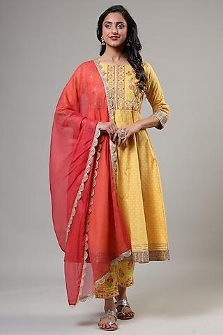 yellow cotton floral printed anarkali set