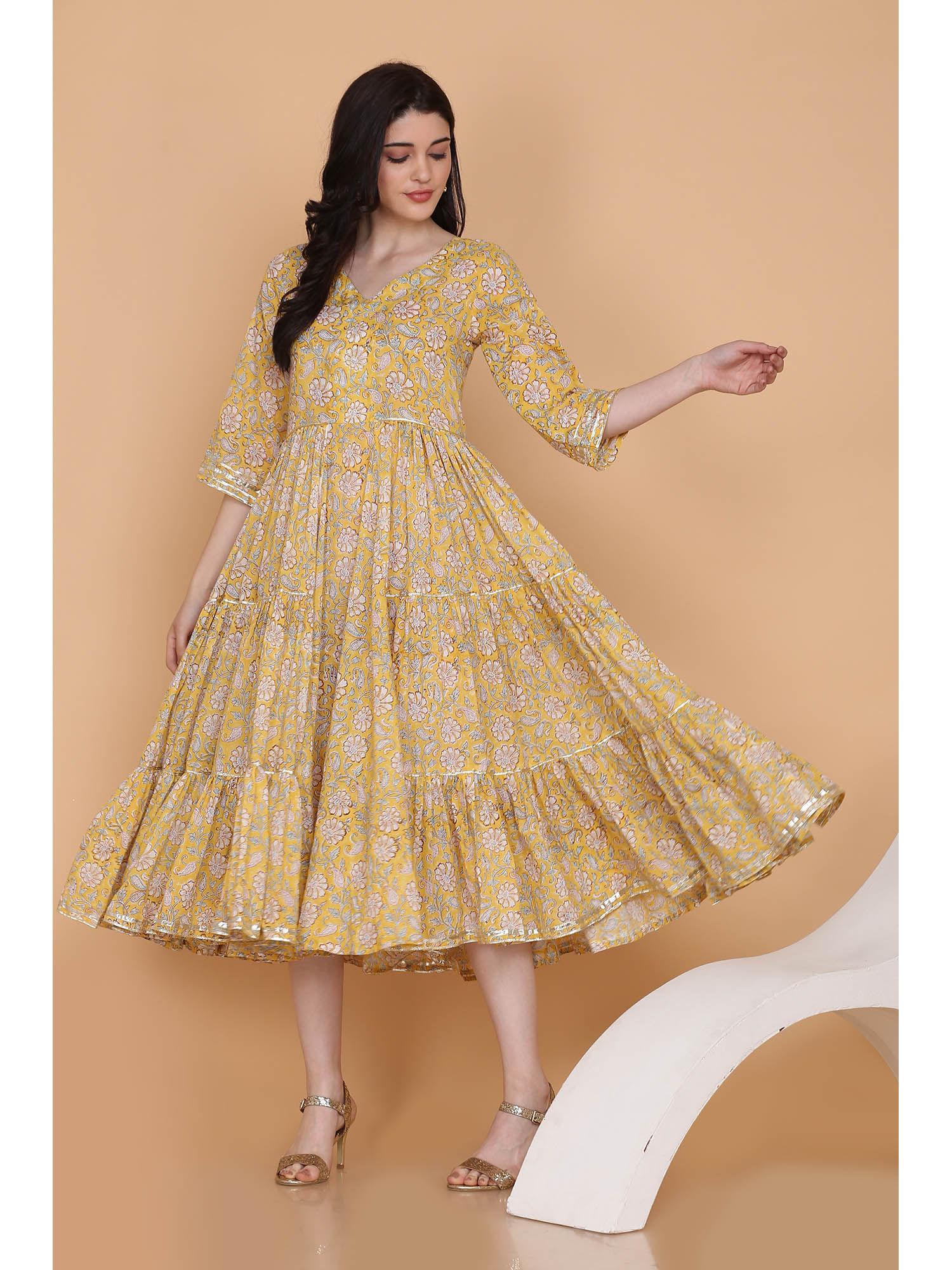 yellow cotton floral printed casual dress for women