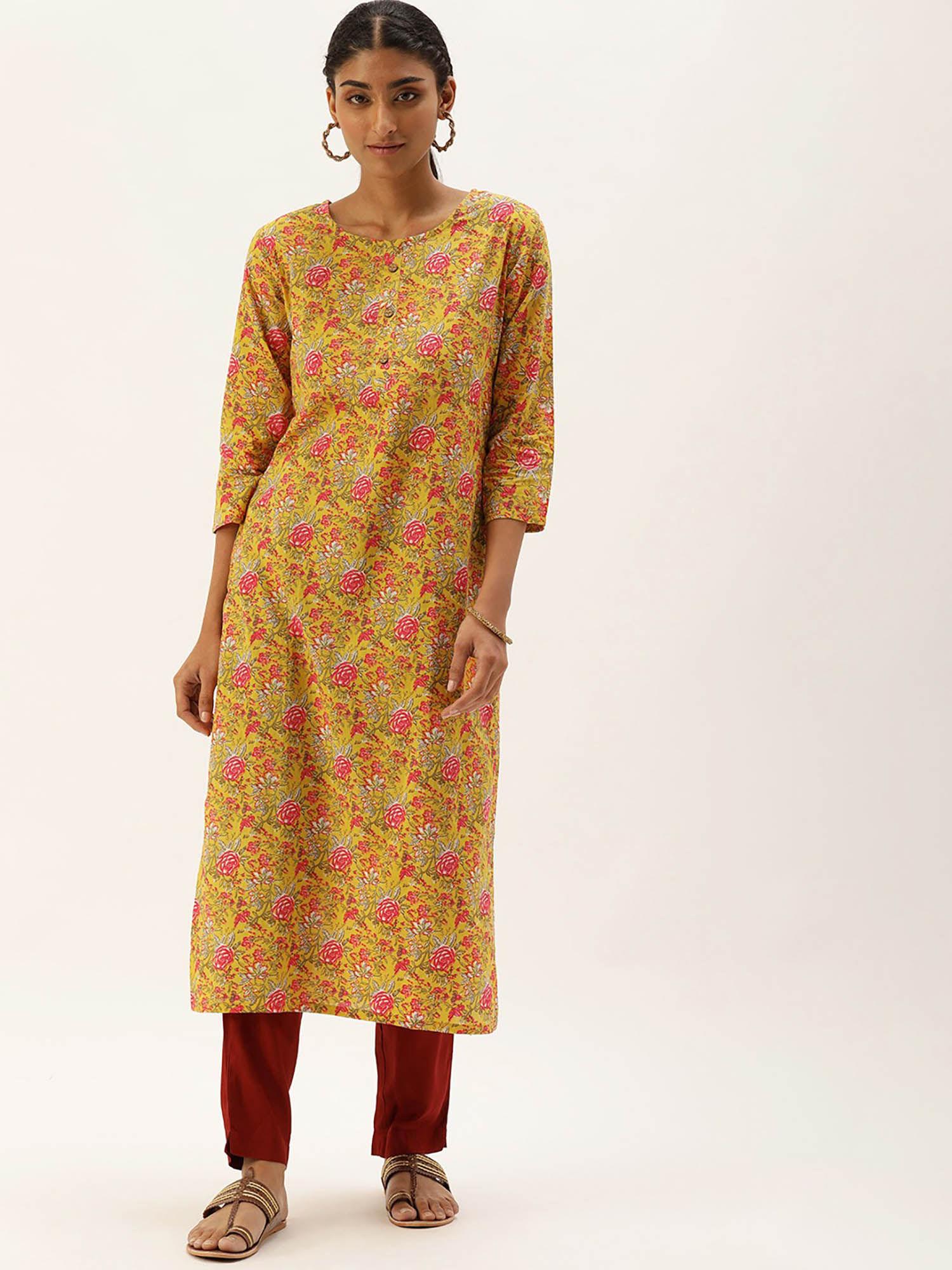 yellow cotton floral printed casual kurta for women