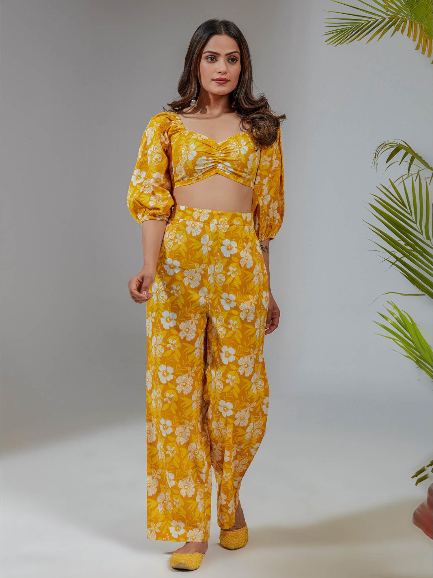 yellow cotton floral printed crop top co-ord (set of 2)