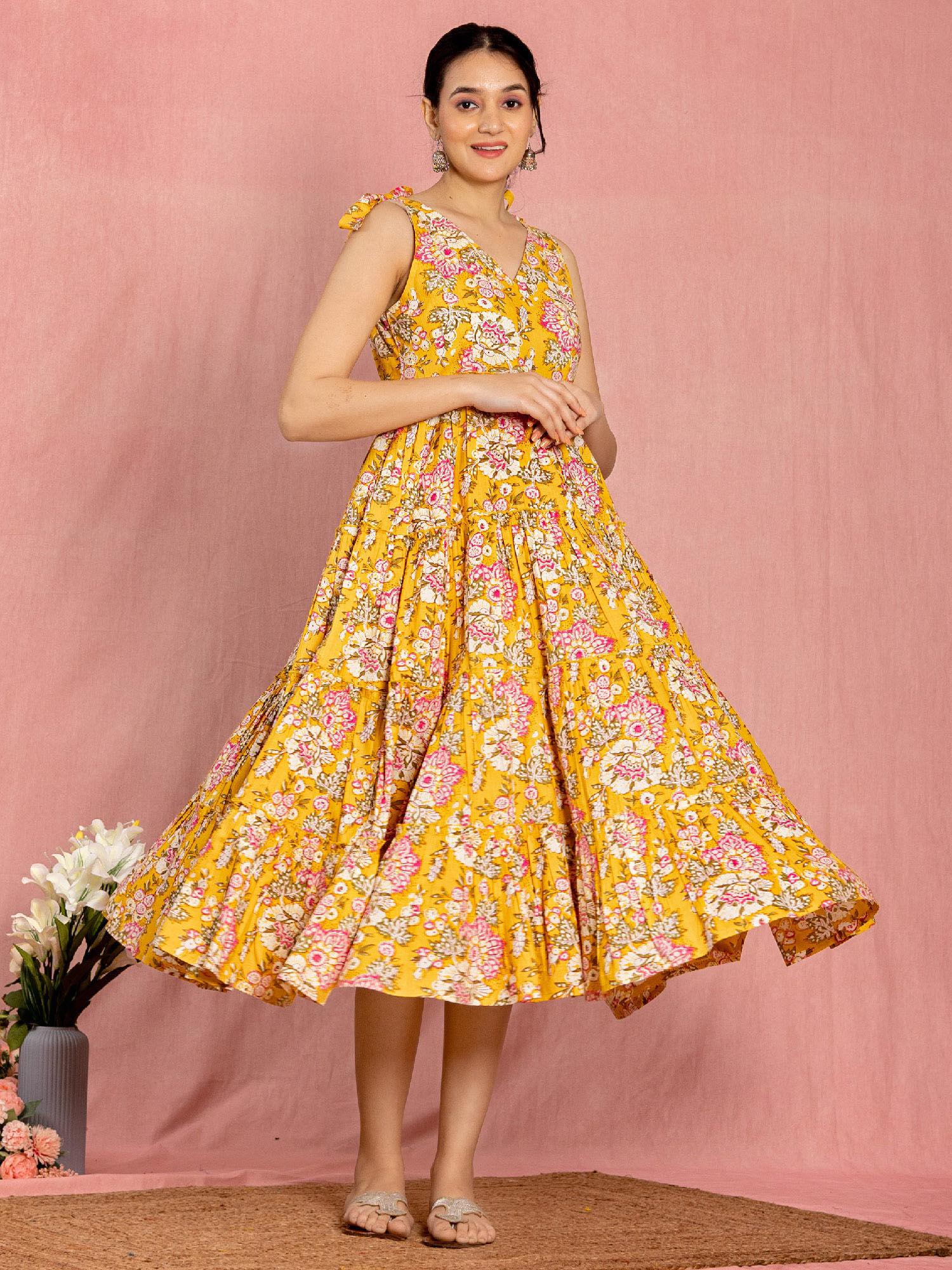 yellow cotton floral printed flared dress