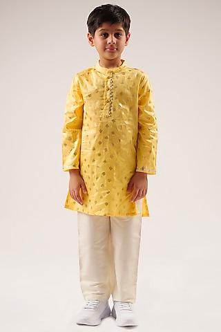 yellow cotton foil printed & gota lace embroidered kurta set for boys