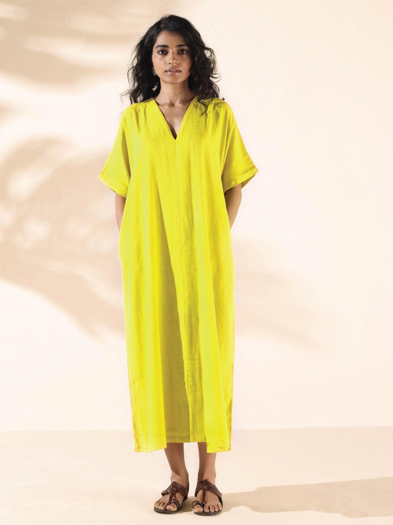yellow cotton front slit dress