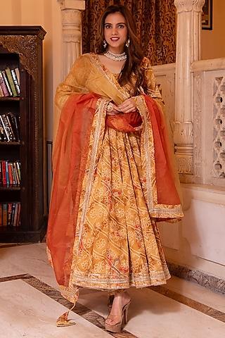 yellow cotton gota patti embroidered & printed anarkali set