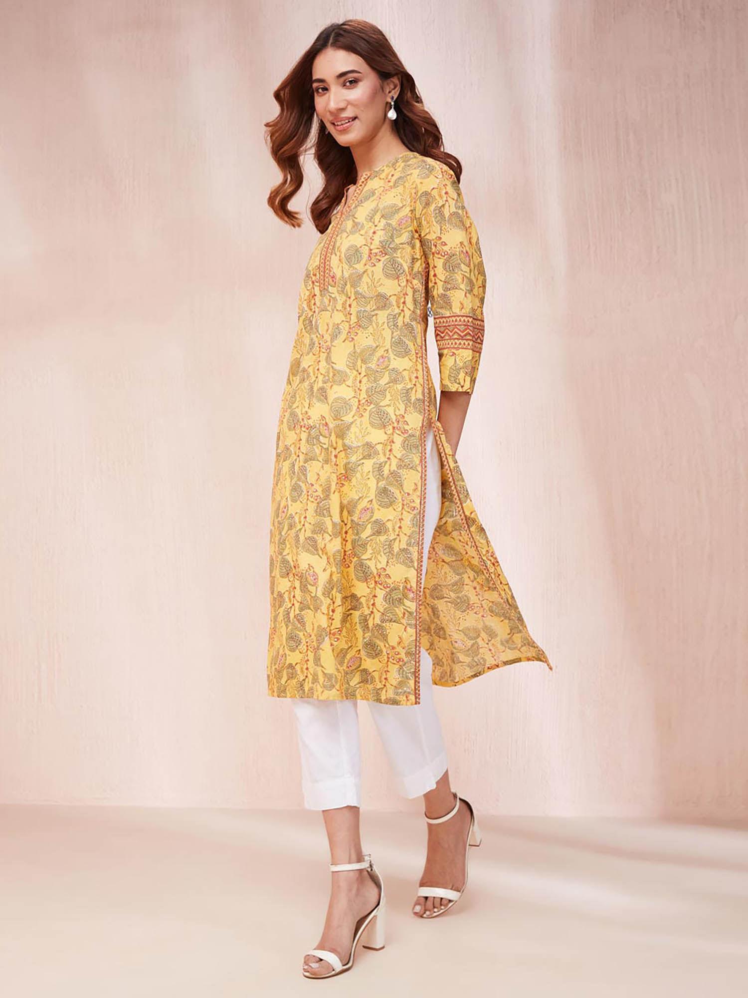 yellow cotton hand block printed kurta