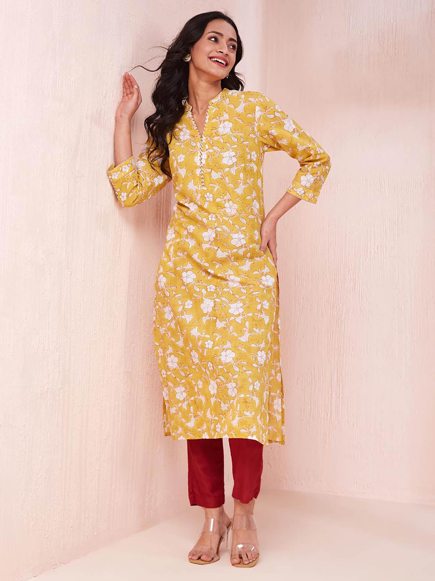 yellow cotton hand block printed long kurta