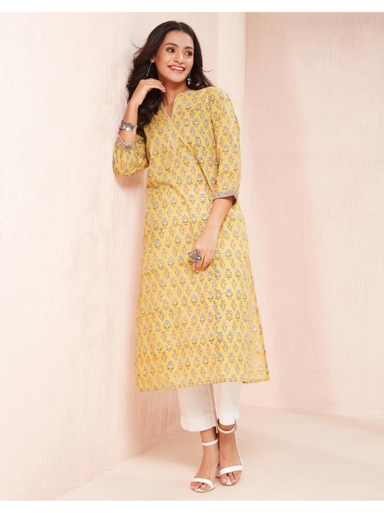 yellow cotton hand block printed long kurta