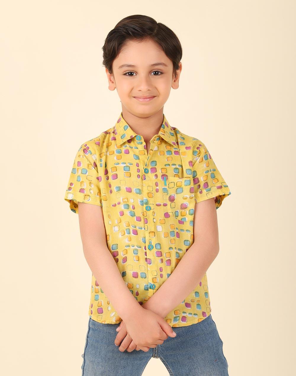 yellow cotton hand block printed shirt