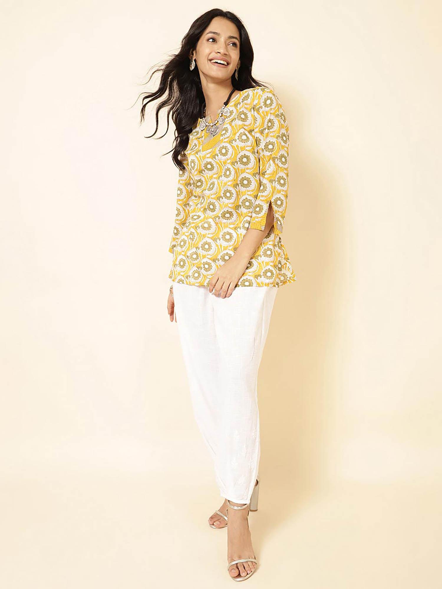 yellow cotton hand block printed slim fit short kurti