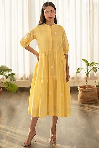 yellow cotton hand block printed tiered dress