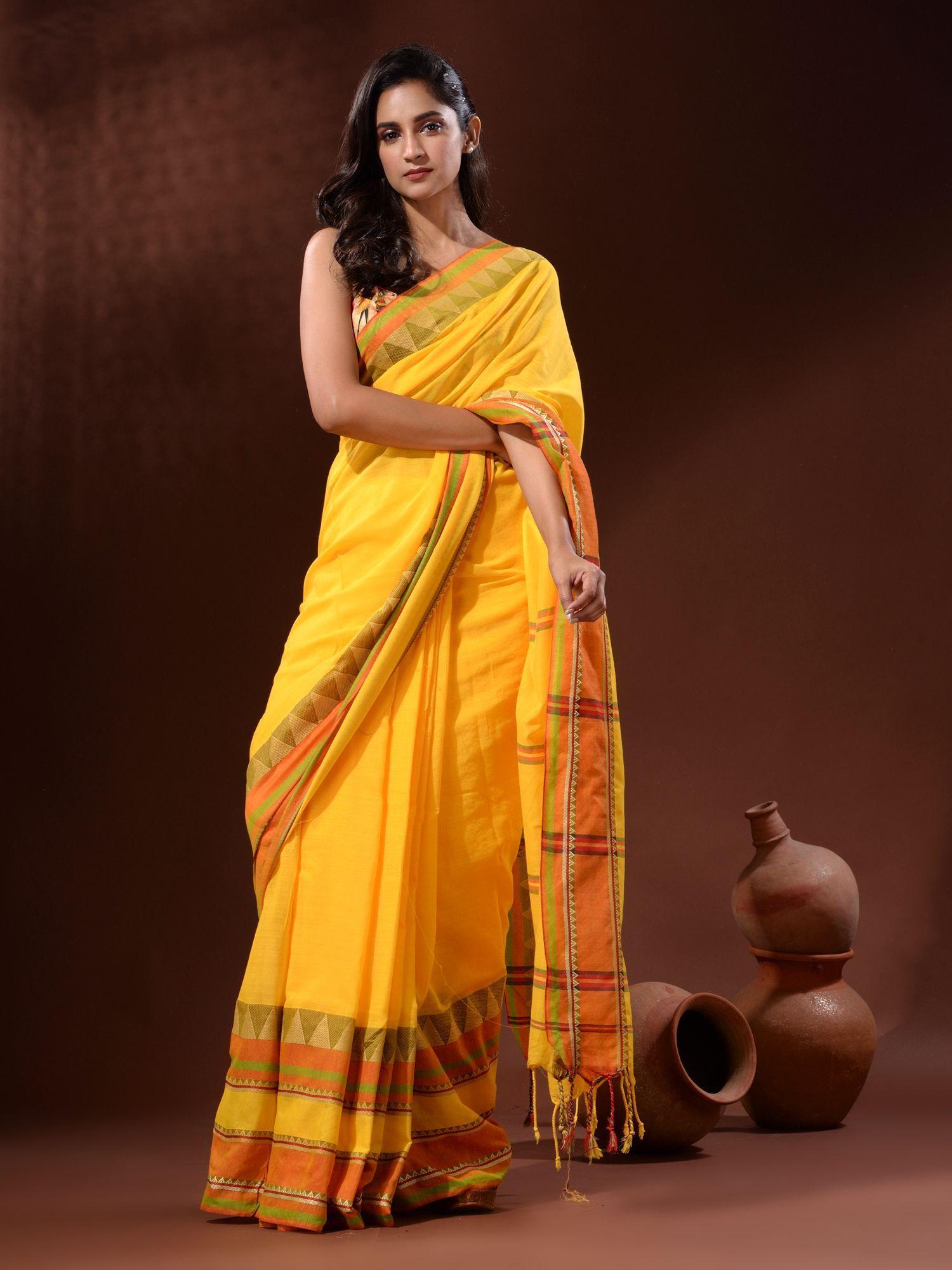 yellow cotton handspun handwoven saree with temple borders with unstitched blouse