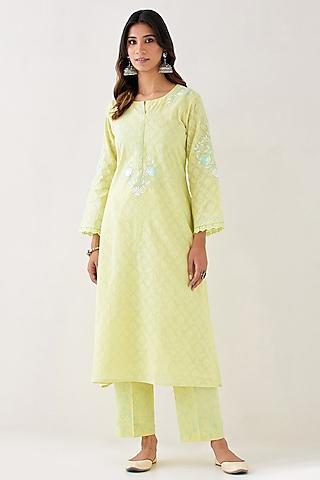 yellow cotton jacquard embroidered kurta set