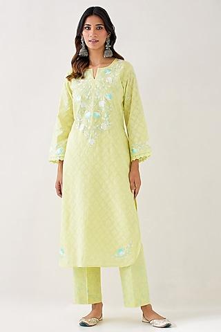 yellow cotton jacquard embroidered kurta set