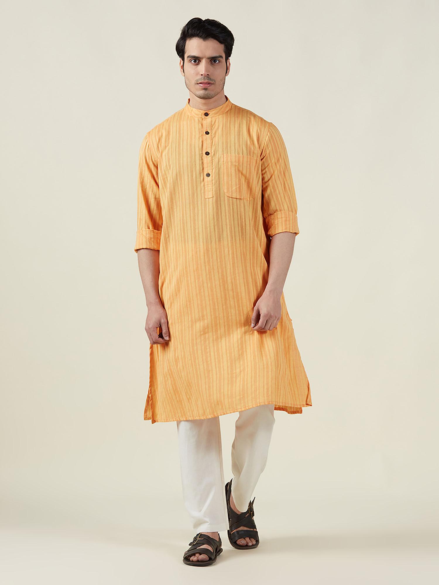 yellow cotton jamaal stripe comfort fit kurta long