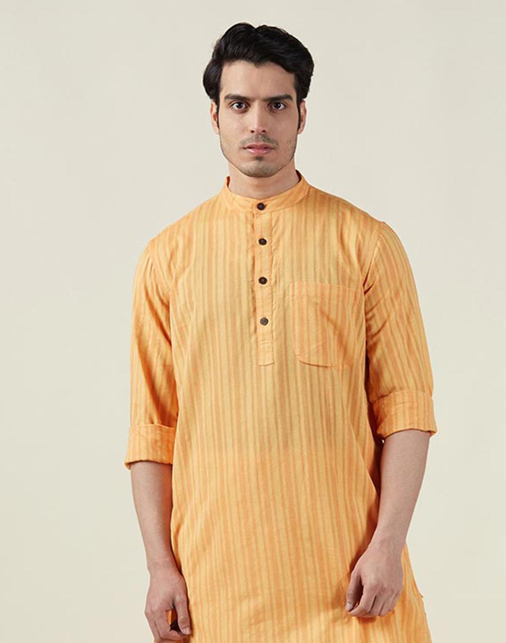 yellow cotton jamaal stripe comfort fit kurta long