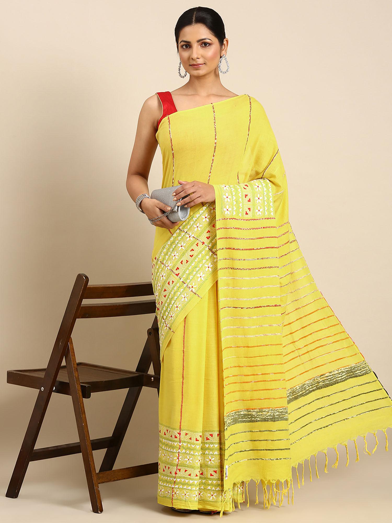 yellow cotton kantha saree with unstitched blouse