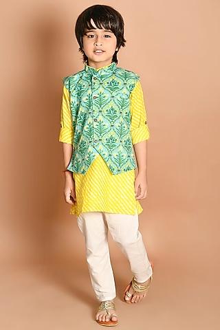 yellow cotton kurta set with bundi jacket for boys