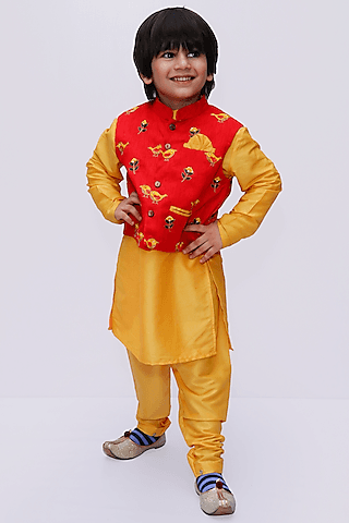 yellow cotton kurta set with red bundi jacket for boys