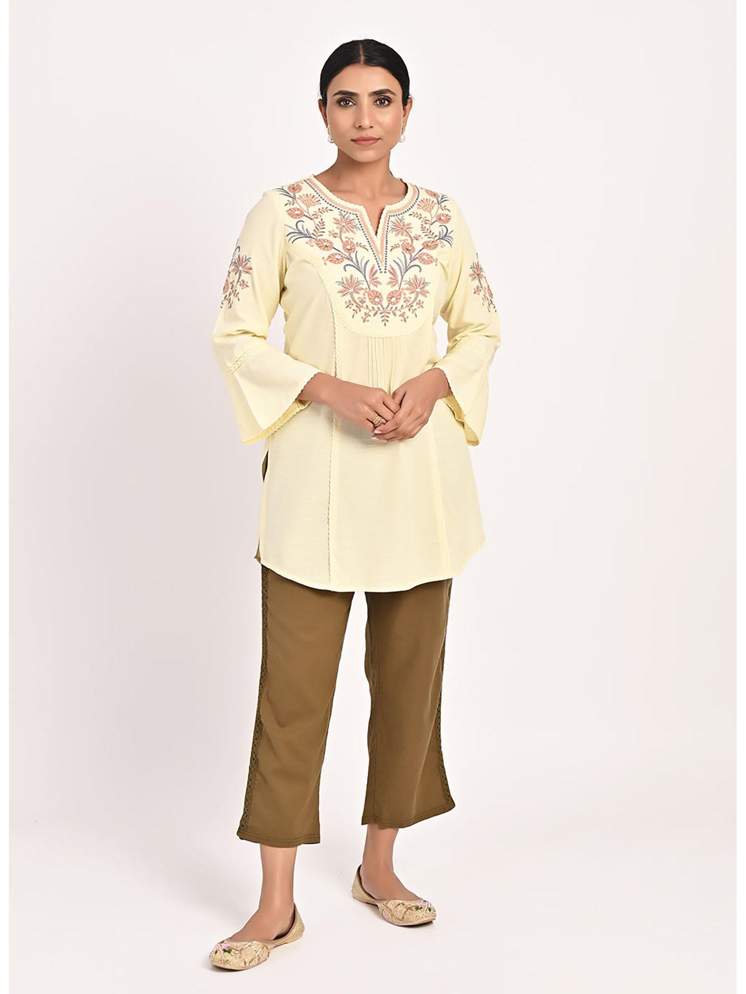 yellow cotton kurti with floral embroidery