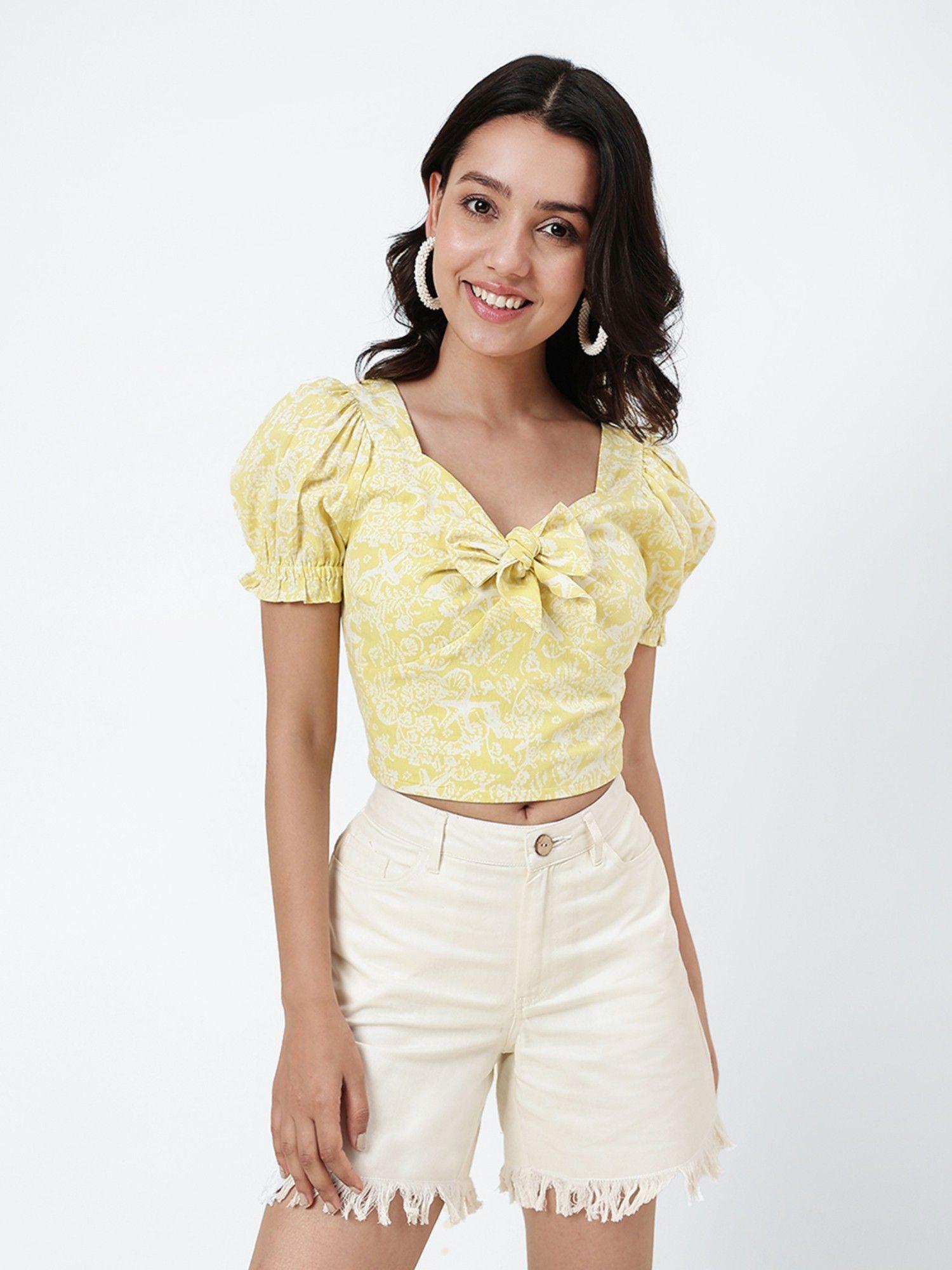 yellow cotton linen printed crop top