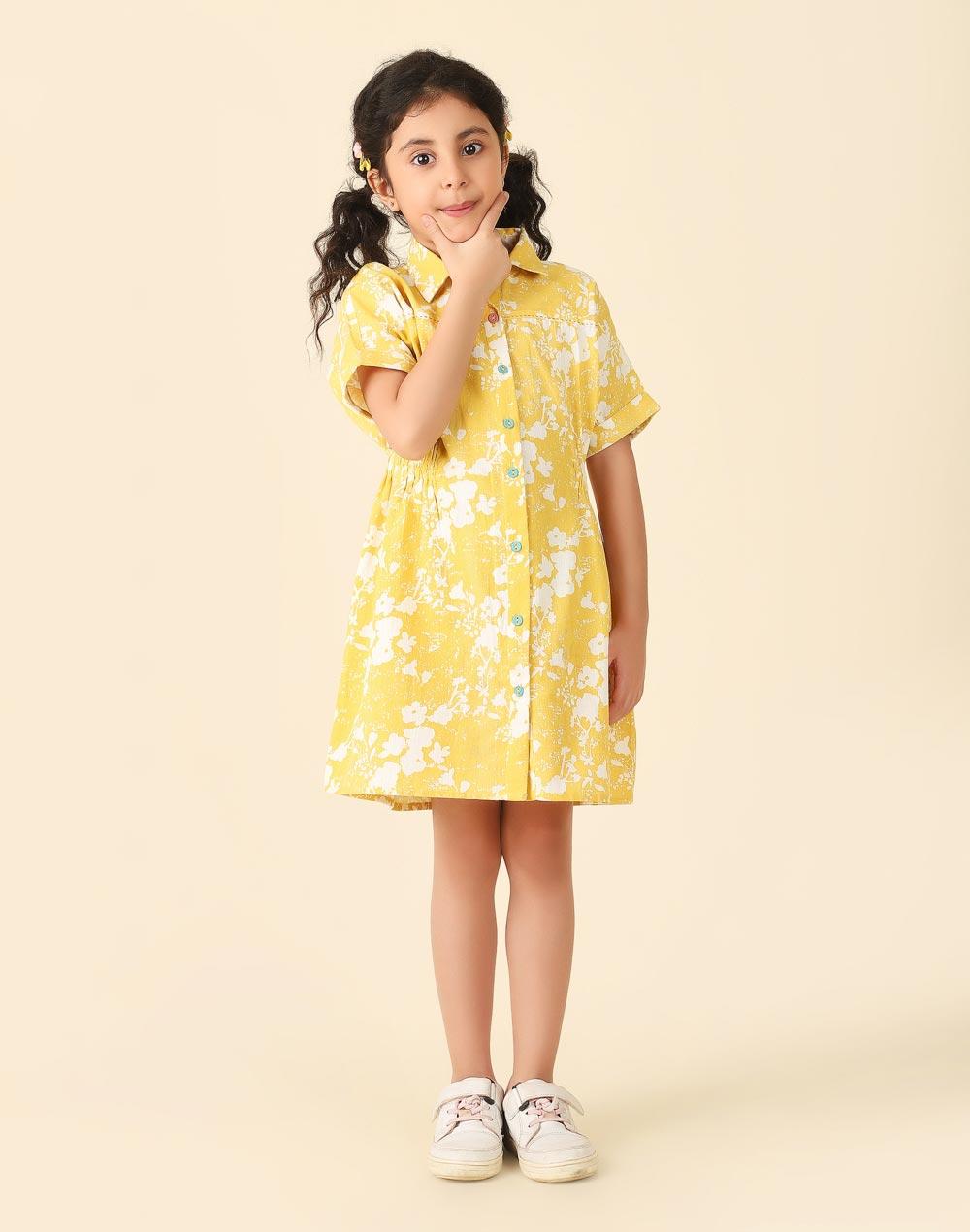 yellow cotton linen printed dress