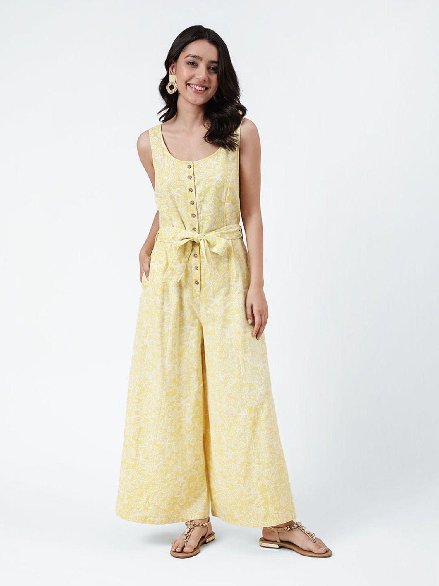 yellow cotton linen printed jumpsuit (set of 2)