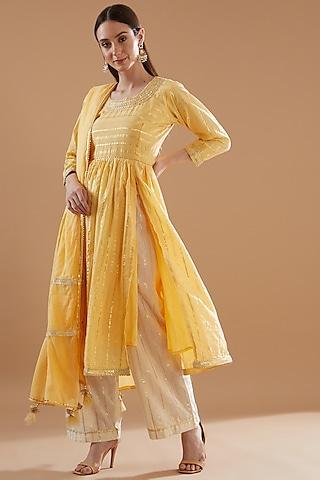 yellow cotton lurex embroidered anarkali set