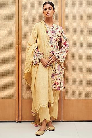 yellow cotton lurex printed tunic set